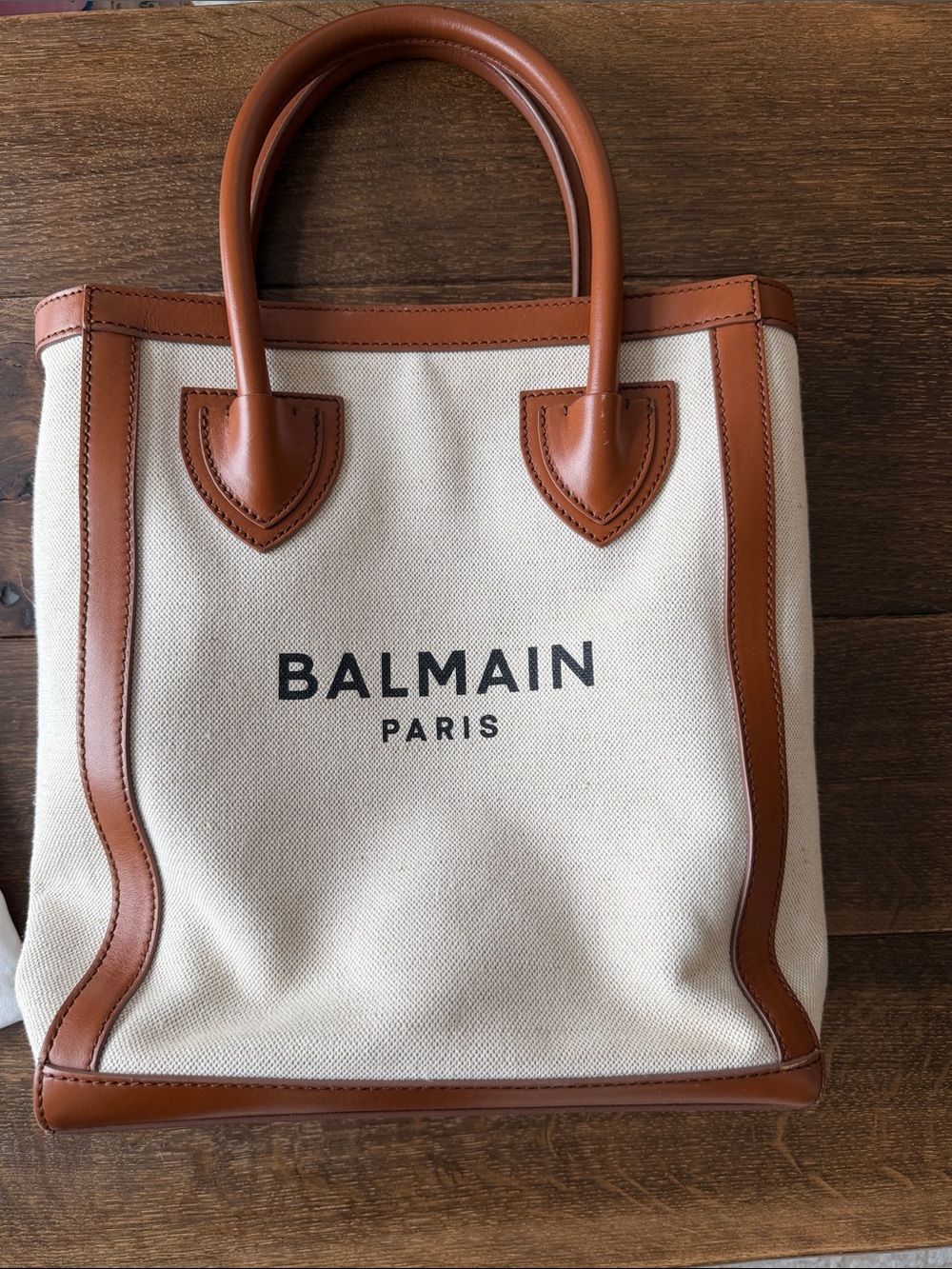 Balmain Cream Canvas Messenger Bag with Brown Leather Trim